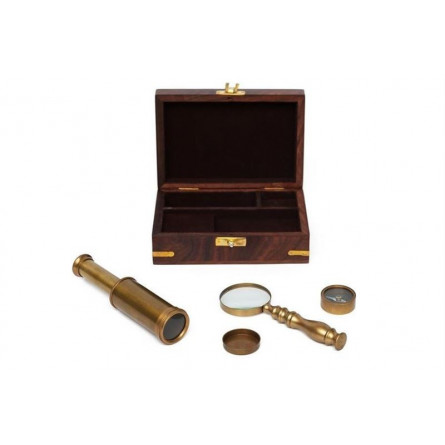 Подарочный набор лупа/компас/подзорная труба в деревянной коробке Secret De Maison ( mod. 37257 ) латунь/дерево манго, 5,5х11,5х