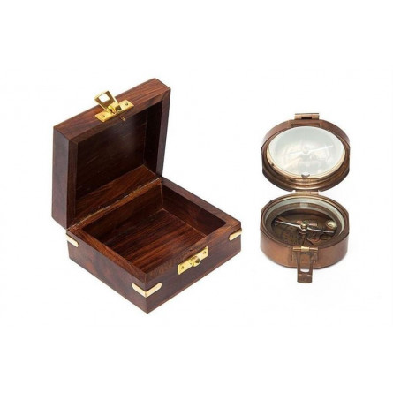 Компас в деревянной подарочной коробке Secret De Maison ( mod. 11151 ) латунь/дерево манго, 8х7х4см, античная медь/коричневый