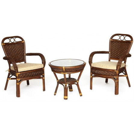 Комплект террасный ANDREA (стол кофейный со стеклом + 2 кресла + подушки) ротанг, 64х67х92см / D60х55, Pecan Washed (античн. оре