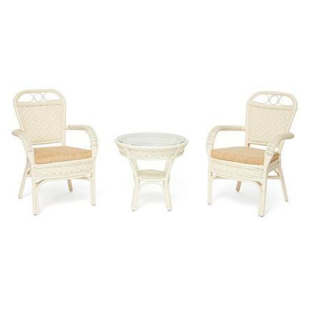 Комплект террасный ANDREA (стол кофейный со стеклом + 2 кресла + подушки) ротанг, 64х67х92см / D60х55, TCH White (белый)