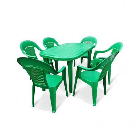 Комплект пластиковый мебели стол Новара + 6 кресел Элегант зеленого цвета