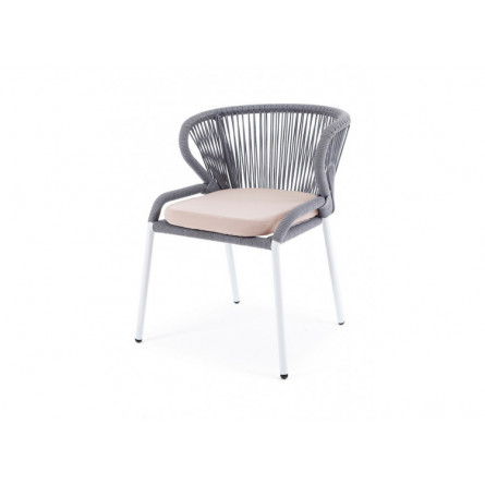 "Милан" стул плетеный из роупа, каркас алюминий белый шагрень, роуп светло-серый круглый, ткань бежевая